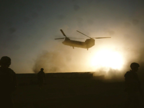 A CH-47 Chinook dusting us as we wait for our flight.